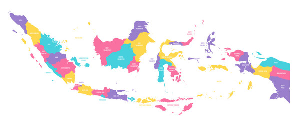 Indonesia political map of administrative divisions - provinces and special regions. Colorful vector map with labels.