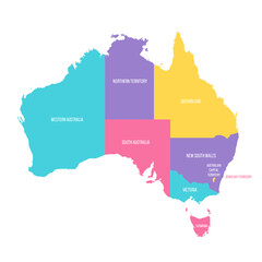 Australia political map of administrative divisions - states and teritorries. Colorful vector map with labels.