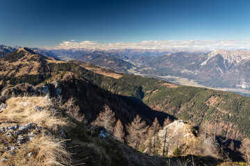 view from starhand peak to the northwest with the high Tauern range in the backdrop and down into the Gail valley.