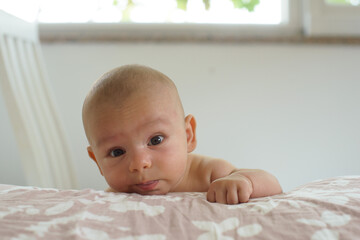 Newborn baby lifting his head on the bed