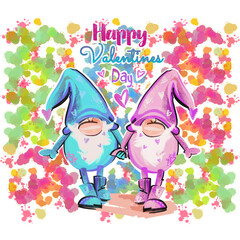 happy Valentines day . Watercolour illustration with gnomes, splashes.