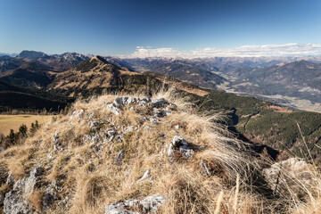 view from starhand peak to the west with the dolomites range in the backdrop and down into the Gail valley.