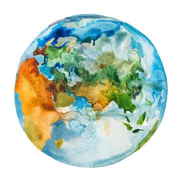 Asia, Europe and Africa on the globe. Earth planet. Watercolor.
