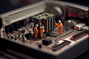 Fototapeta na wymiar Illustration of small human technician figures working on an electronic circuit board.