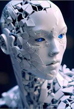 close-up portrait of an incomplete humanoid android, covered in white porcelain skin generative ai sci-fi robot 
