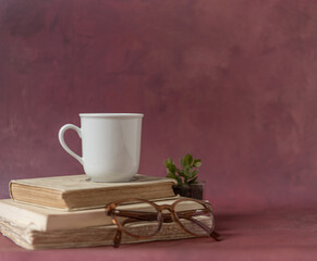 Pile de vieux livres, lunettes, succulent et tasse sur fond rouge