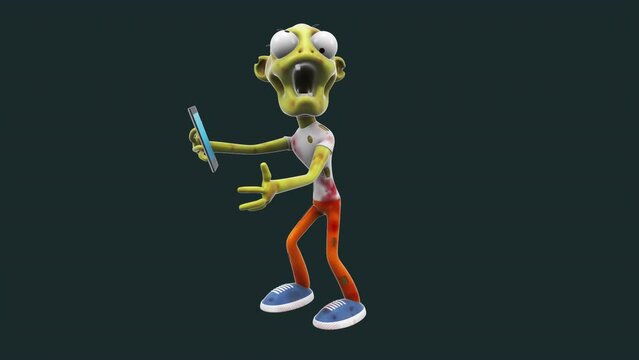 Fun 3D cartoon zombie with a phone (with alpha channel included)