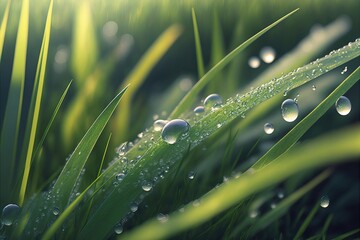 Close up of grass and morning dew. Generated by AI.