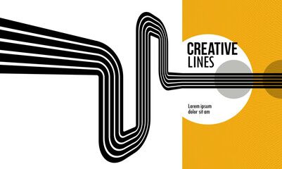 3D black and yellow lines in perspective abstract vector background, linear perspective illustration op art.