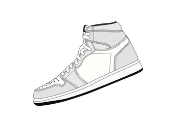 Vector white sneakers illustration, isolated on white background. Basketball shoe linear silhouette. Black, white, trainers sign. Sneaker shop logo. Man sport footwear. Silver trainers, side view