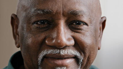 Close up African American male face with wrinkles and gray beard cheerful happy biracial smiling...