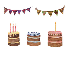 A set of baked cakes with one candle and a festive garland of flags in brown tones watercolor illustration highlighted on a white background