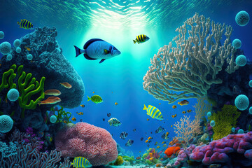 Scene Of A Coral Reef And Exotic Fishes Underwater. Generative AI