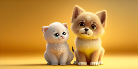 Cute cat and dog together on yellow background with copy space. generative AI	