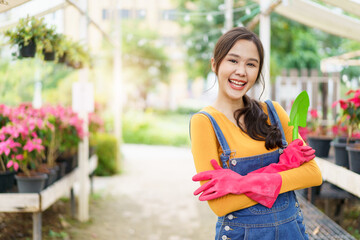 Happy cheerful Asian female botanist or gardener hold a shovel and crossed arm and smile to camera. Beautiful Asian woman planting and watering a small houseplants.