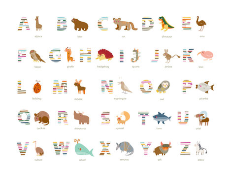 alphabet with animals colorful vector set 