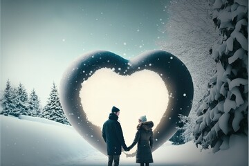 Obraz premium Couple in love dressed for winter outdoors enjoying a romantic moment with a white floating heart above. Generative AI