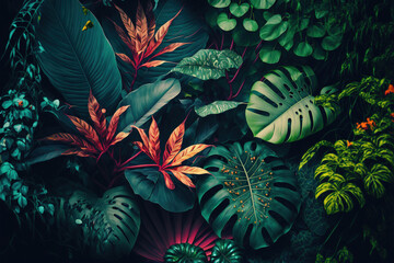 Fototapeta na wymiar Lush colorful tropical leaves, dark background. AI