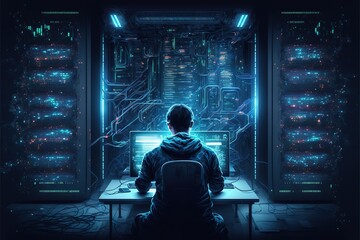 Computer engineer working on laptop computer with server room, data center, big data storage as backgrounds. Generative AI - obrazy, fototapety, plakaty