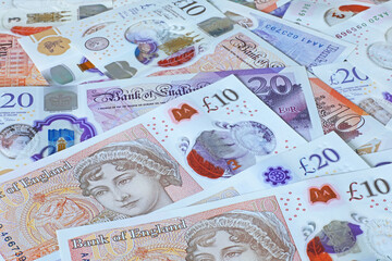 Fototapeta na wymiar A plan view of ten and twenty pound sterling bank notes.