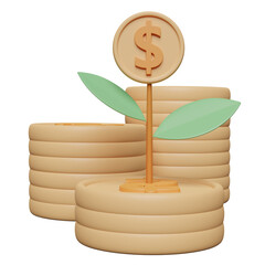 3d pile coins stack with tree isolated on pink. financial success and growth or saving money concept, 3d render illustration