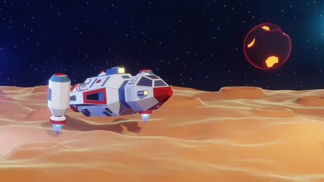 Fantastic spaceship lands on a planet with craters. 3d animation