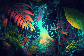 Fototapeta na wymiar fantasy world tropical jungle vivid colorful epic design background,generative ai.