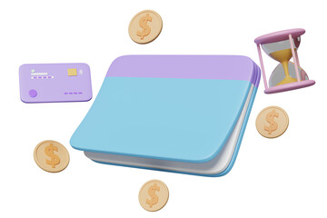 3d bank account book, passbook with money dollar coin, credit card, hourglass isolated. saving money, financial business, banking payment, minimal concept, 3d render illustration