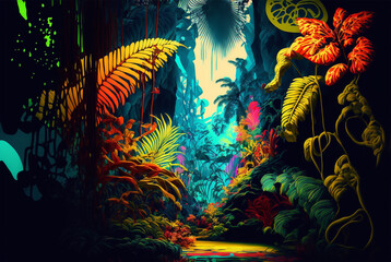 Obraz na płótnie Canvas fantasy world tropical jungle vivid colorful epic design background,generative ai.