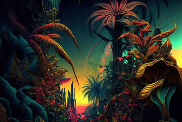 Fototapeta na wymiar fantasy world tropical jungle vivid colorful epic design background,generative ai.