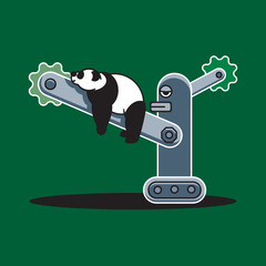 a panda sleeping on a robot's arm