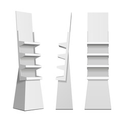 Mockup Cardboard Retail Shelves Floor Display Rack For Product Supermarket Blank Empty. Mock Up. 3D On White Background Isolated.