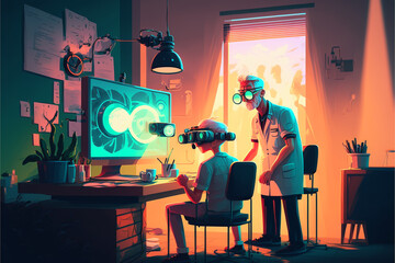 comprehensive eye health checkup with his optometrist. The optometrist is using a variety of tests and equipment to evaluate comprehensive eye health checkup with his optometrist. generative ai