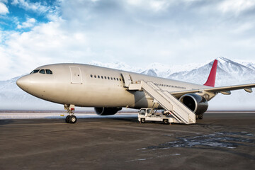 Wide body passenger airplane with boarding steps at the airport apron on the background of high picturesque snow capped mountains