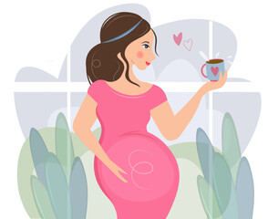A sweet and tender pregnant woman in a red dress holds a cup of coffee or tea in her hands. Vector flat isolated illustration on window background. Morning charge awakening. Hand on stomach.
