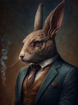 Realistic rabbit in a suit smoking a cigar, portrait generative ai