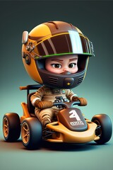 Naklejka premium a cartoon character is driving a race car with a helmet on and a helmet on his head and a helmet on his head, and a helmet on his face, and a green background. generative ai