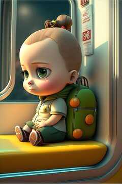  A Cartoon Character Sitting On A Train Seat With A Backpack On It's Lap And Looking Out The Window Of The Train Car, With A Sign In The Background That Says, No 38. Generative Ai