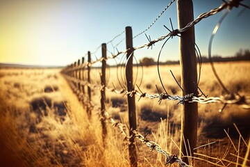 barbed wire fence with grass.  Field background and natural sunlight. Generative AI.