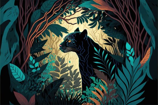  a black panther in a jungle with trees and plants around it, with a yellow light shining on the background of the image and the image is framed in a black frame with a blue. generative ai