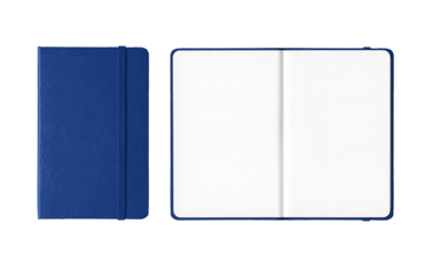 Marine blue closed and open notebooks isolated on transparent background
