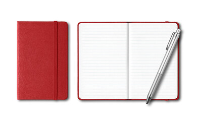 Dark red closed and open lined notebooks with a pen isolated on transparent background