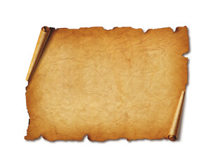 Old mediaeval paper sheet. Horizontal parchment scroll isolated on white with shadow - 561866377