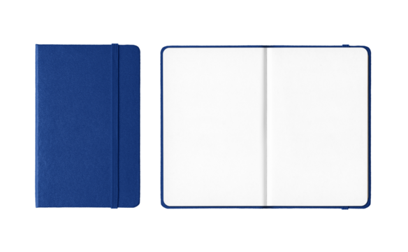 Marine blue closed and open notebooks isolated on transparent background