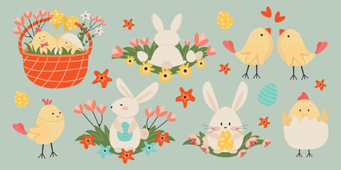 Cute Easter set, funny rabbits and chickens, vector illustration