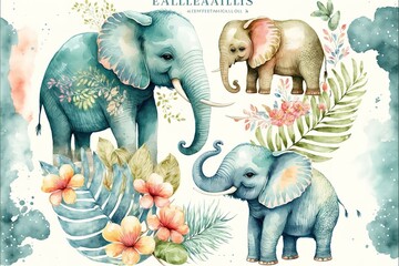 Cute elephants, tropical cute animals. Watercolor set. Generative AI