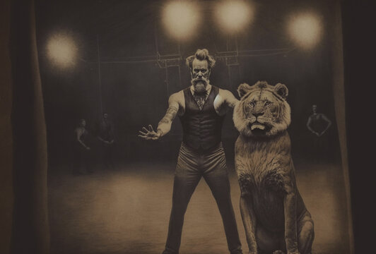 Vintage circus lion tamer with a big beard standing next to large cat. Generative AI