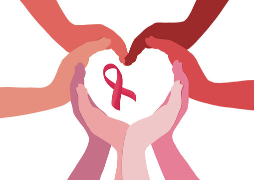 Women's hands in the shape of a pink heart. Solidarity between women for breast cancer awareness day. Pink ribbon from brest cancer. Digital illustration. Beautiful hands together. Isolated image.