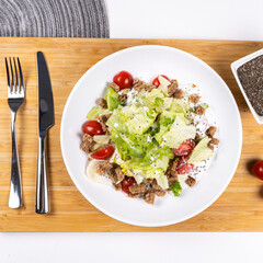 Fresh food serving restaurant egg chicken meat pasta rice tomato salad top down shot healthy low calories meal