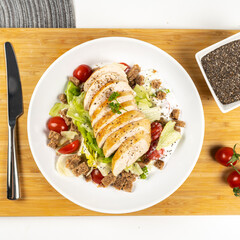 Fresh food serving restaurant egg chicken meat pasta rice tomato salad top down shot healthy low calories meal
